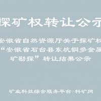 安徽省自然资源厅关于探矿权“安徽省石台县东坑铜多金属矿勘探”转让结果公示